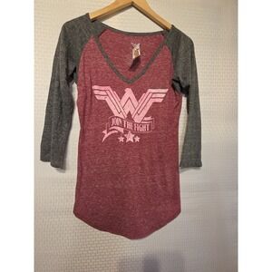 Wonder Woman "Join The Fight" Baseball Tee L Large Maroon Gray 3/4 Sleeve DC NWT